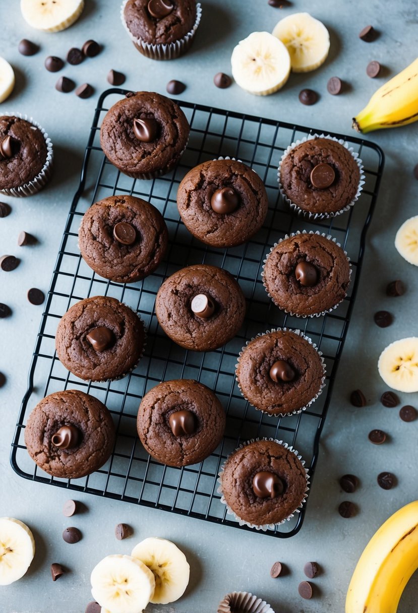 A table with a cooling rack of double chocolate banana muffins surrounded by scattered chocolate chips and banana slices