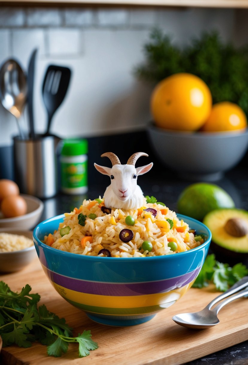 A colorful bowl of crispy rice salad topped with This Little Goat Everything Crunch, surrounded by fresh ingredients and utensils on a kitchen counter