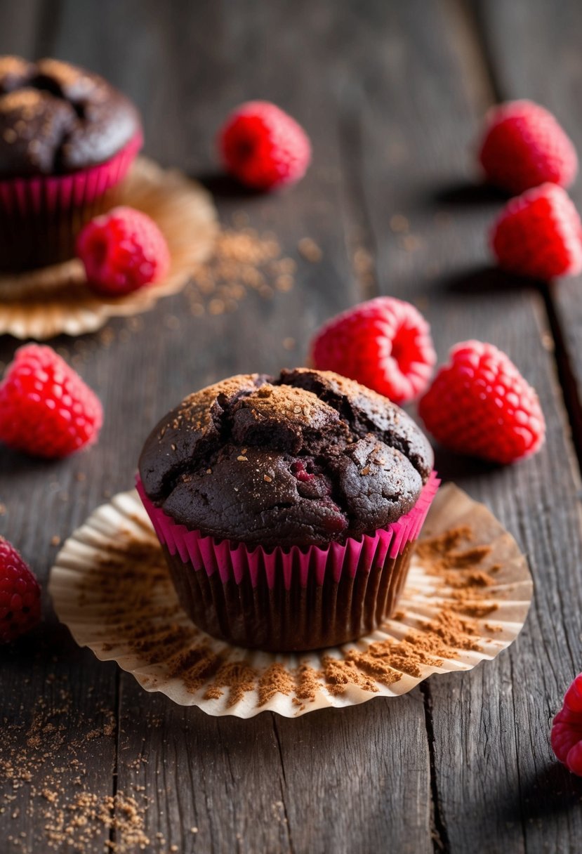 A dark chocolate raspberry muffin sits on a rustic wooden table, surrounded by fresh raspberries and a scattering of cocoa powder