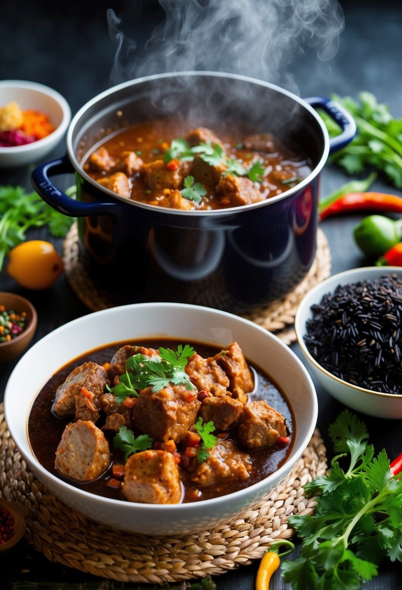 A steaming pot of lamb chili sits next to a bowl of forbidden black rice, surrounded by colorful spices and fresh herbs