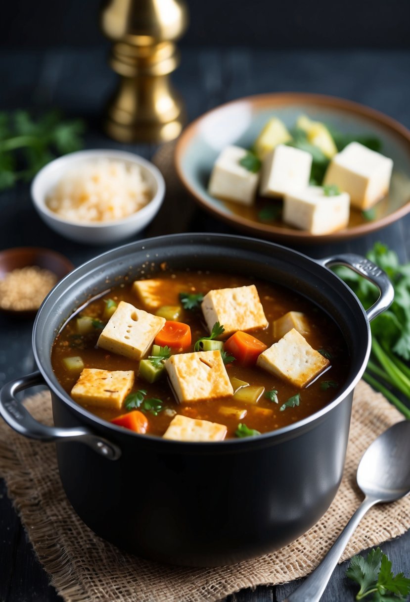 A pot of bubbling stew with chunks of tofu and vegetables