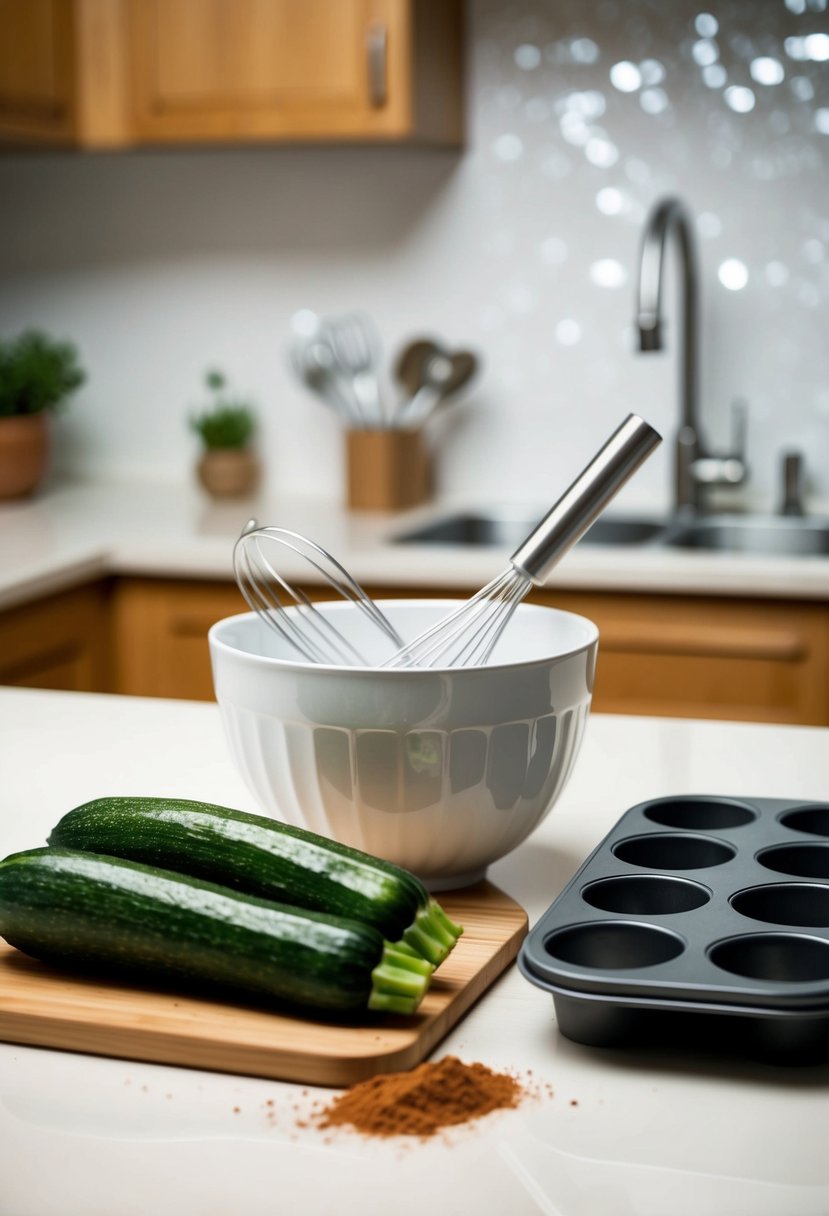 A kitchen counter with a mixing bowl, whisk, zucchinis, cocoa powder, and muffin tin