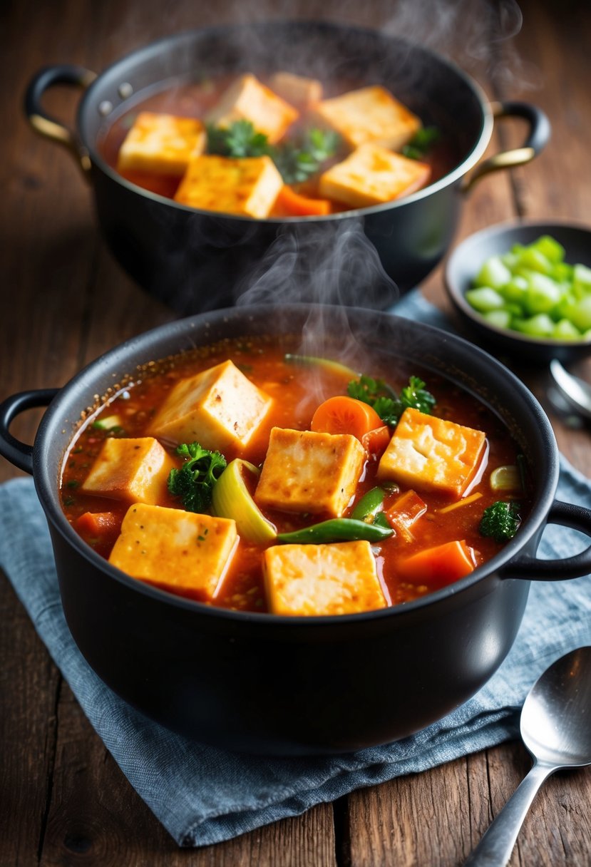 A bubbling pot of spicy Korean tofu stew, filled with chunks of tofu, vegetables, and a rich red broth, steaming on a rustic wooden table