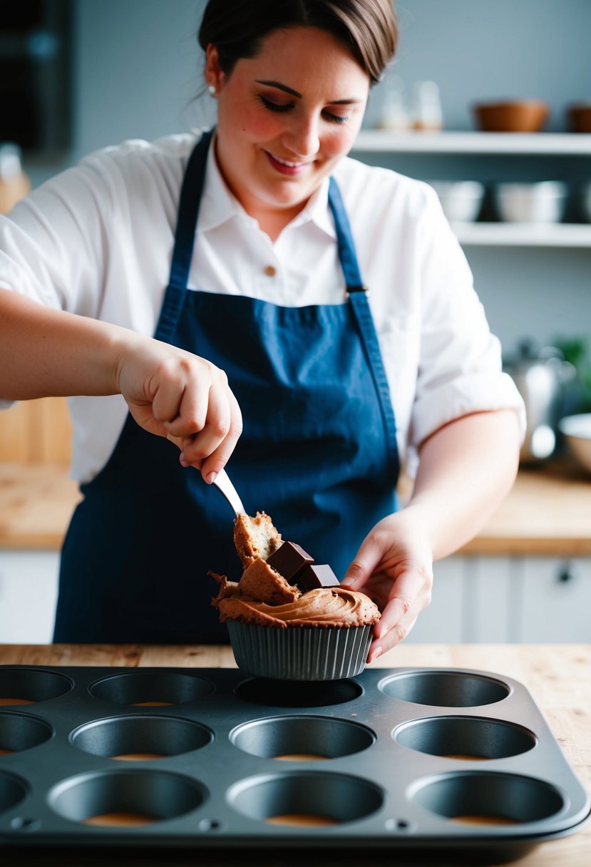 A baker mixes chocolate chunks into batter, filling muffin tins