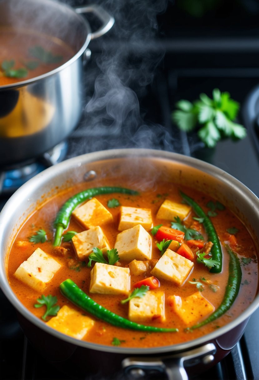 A steaming pot of Thai red curry tofu soup simmers on a stove, filled with chunks of tofu, vibrant vegetables, and fragrant herbs and spices