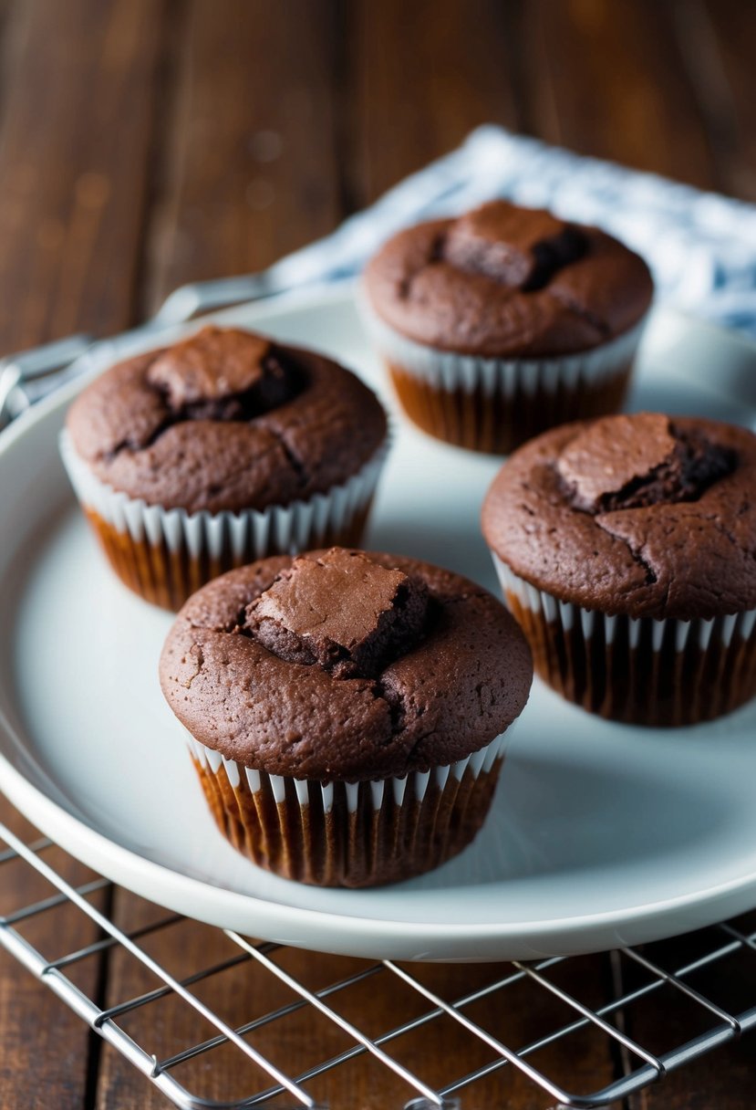 A plate of freshly baked mocha chocolate muffins cooling on a wire rack