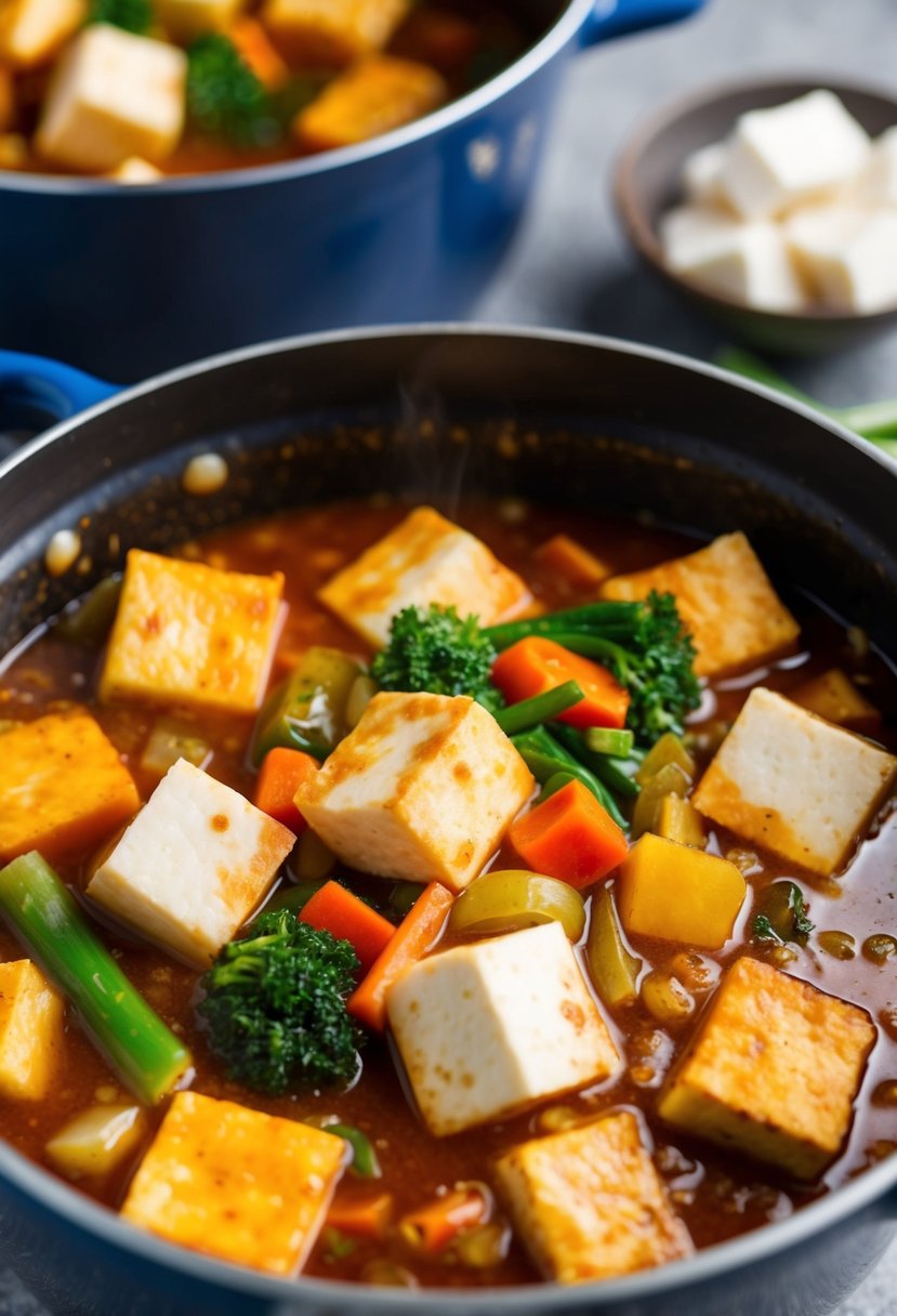 A bubbling pot of Sichuan hot and sour tofu stew, with chunks of tofu, colorful vegetables, and a rich, spicy broth