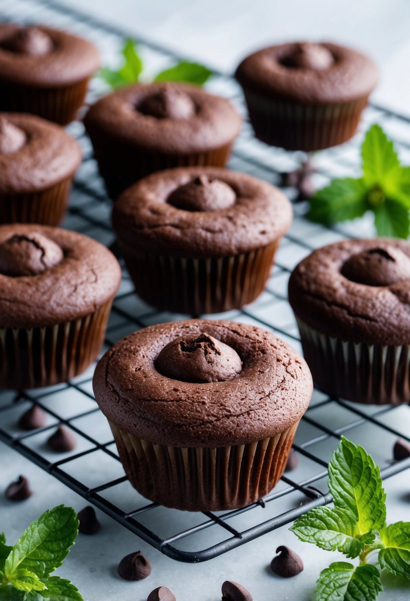 A batch of Chocolate Mint Muffins cooling on a wire rack, surrounded by scattered chocolate chips and fresh mint leaves