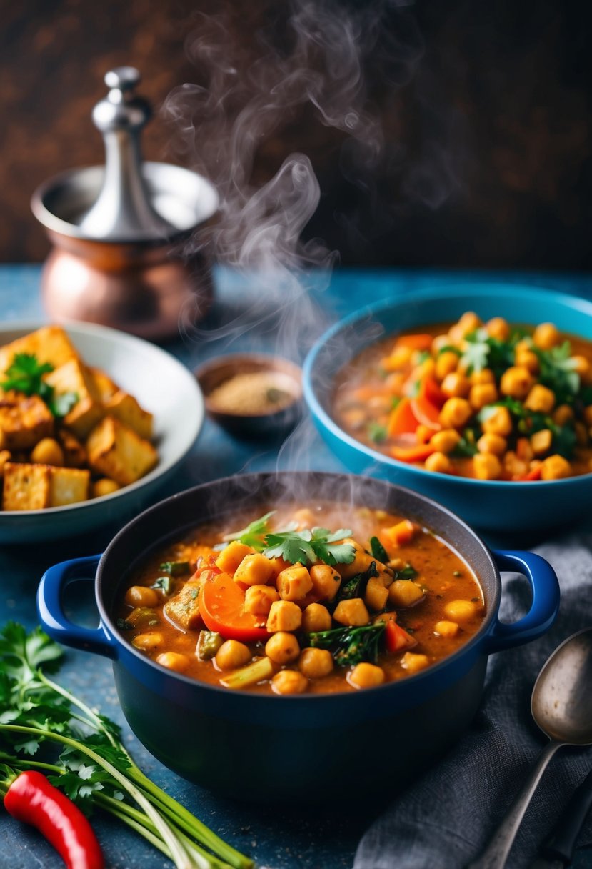 A simmering pot of Moroccan Chickpea and Tofu Stew, with aromatic spices and colorful vegetables, steaming in a rustic kitchen setting