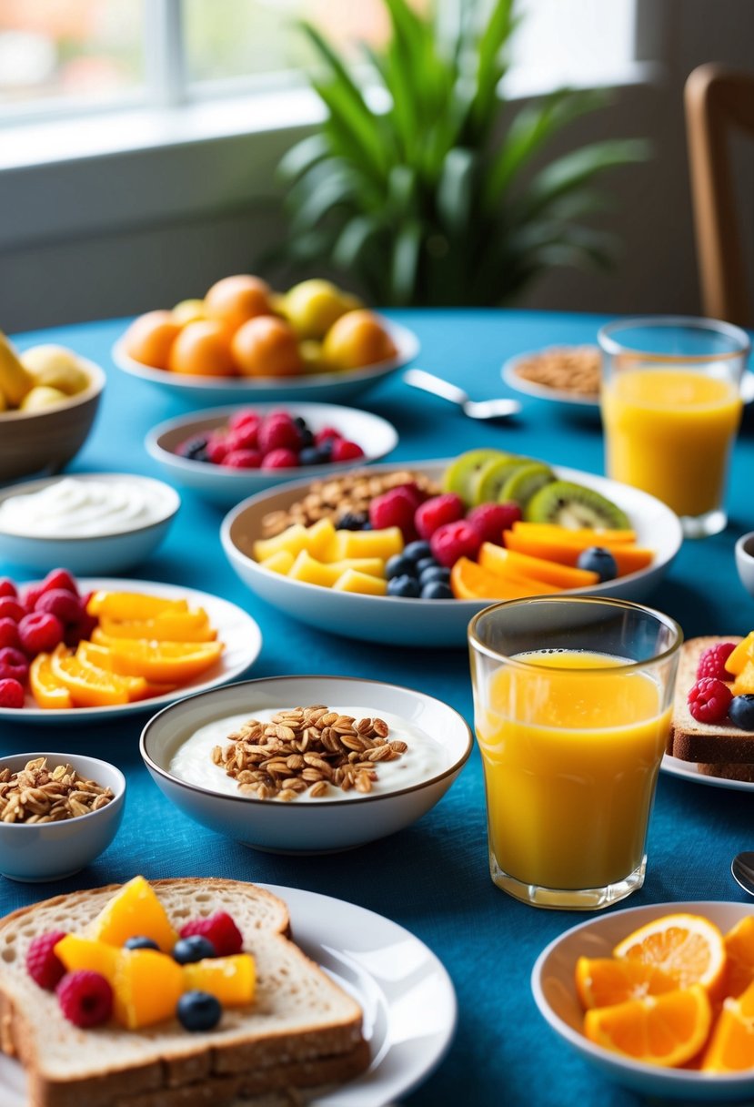 A table set with a colorful array of fruits, granola, yogurt, and whole grain toast. A glass of fresh orange juice completes the scene