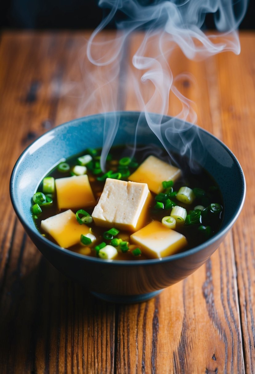 A steaming bowl of miso tofu soup sits on a wooden table, garnished with green onions and floating cubes of soft tofu