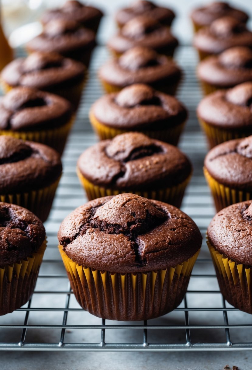 A fresh batch of chocolate coconut muffins cooling on a wire rack