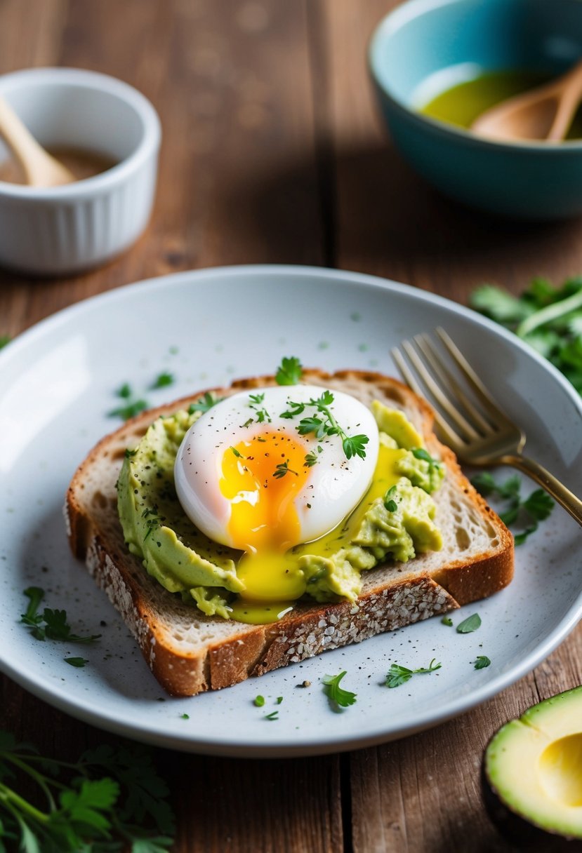 A rustic slice of bread topped with mashed avocado and a perfectly poached egg, sprinkled with fresh herbs and a drizzle of olive oil