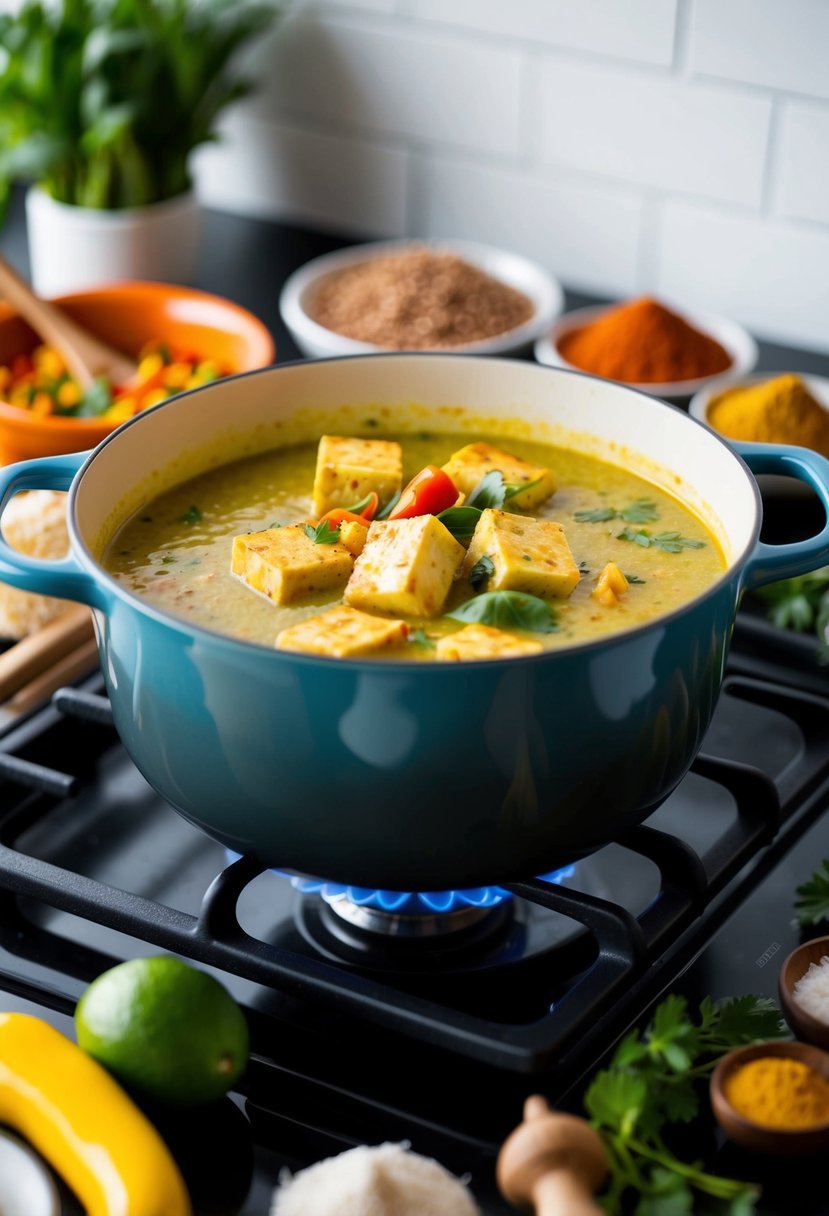 A bubbling pot of coconut curry tofu stew simmers on a stovetop, surrounded by colorful spices and fresh ingredients