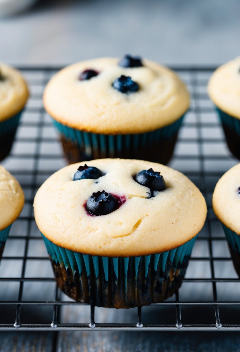 A white chocolate blueberry muffin cooling on a wire rack