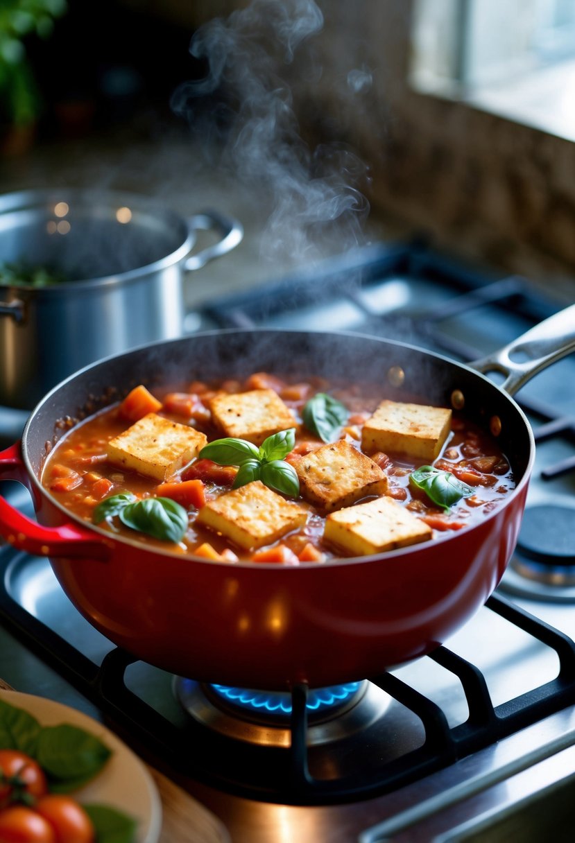 A simmering pot of Italian tomato and basil tofu stew on a stove