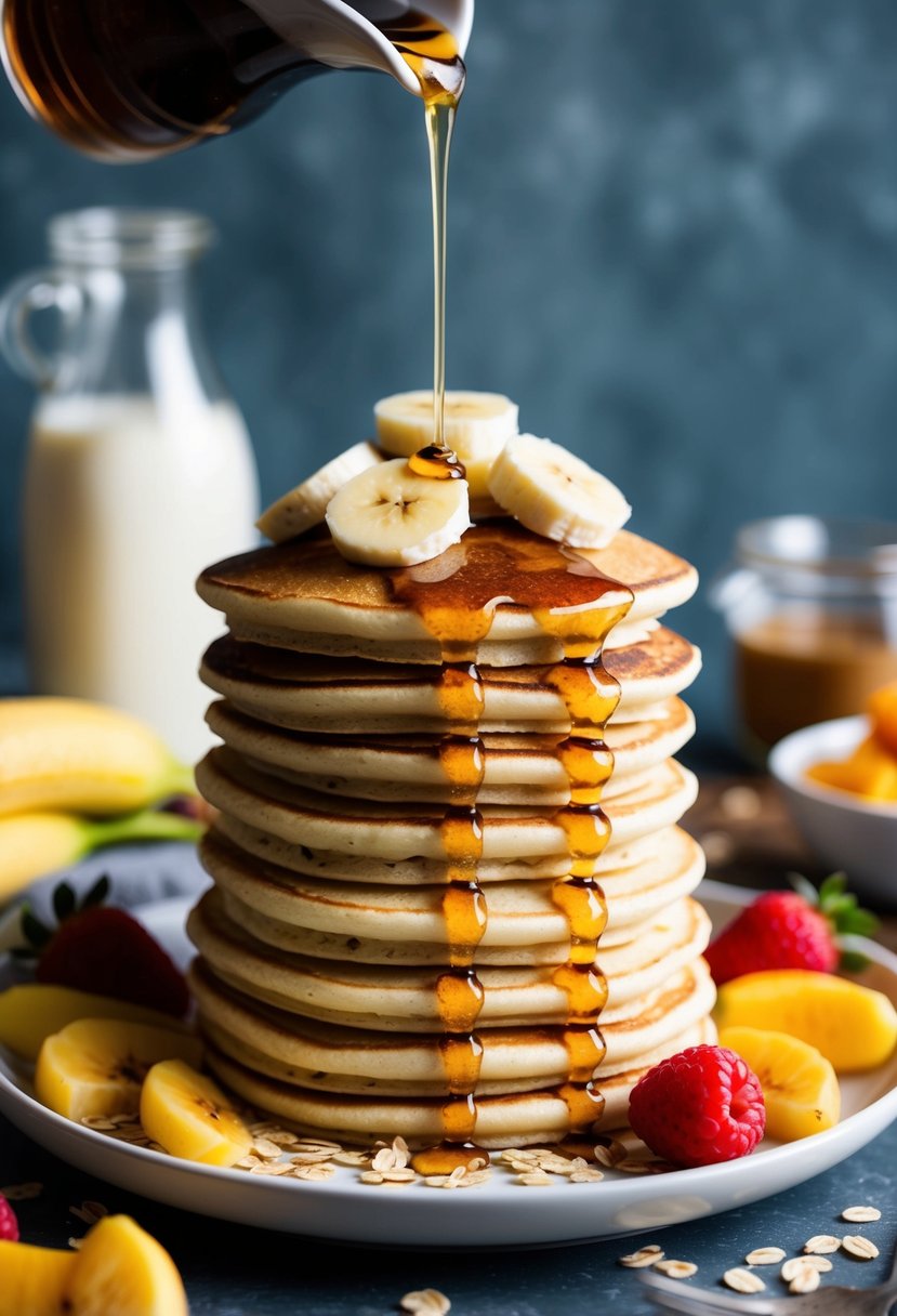 A stack of golden pancakes topped with sliced bananas and oats, surrounded by fresh fruit and a drizzle of maple syrup