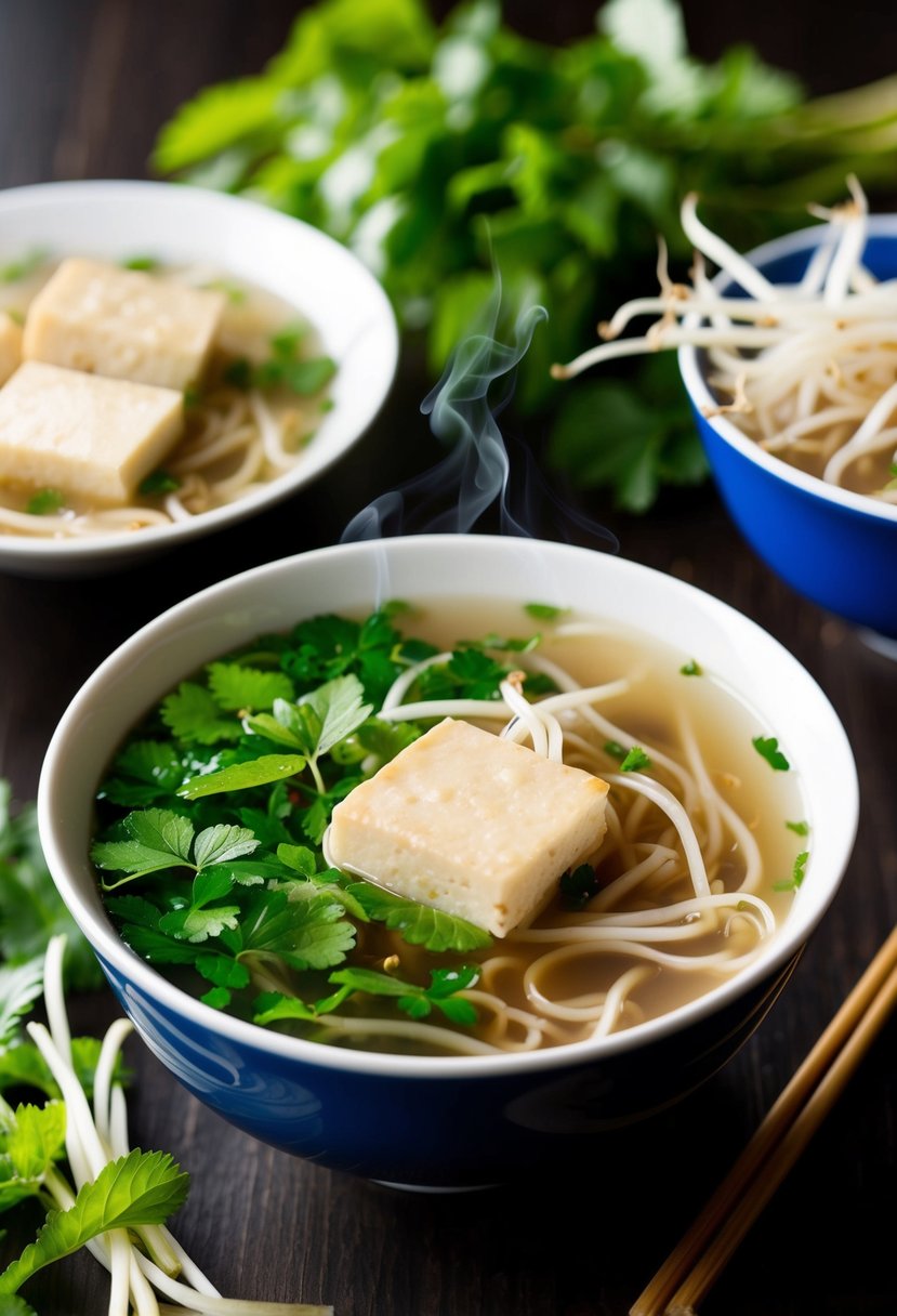 A steaming bowl of Vietnamese Pho with tofu, surrounded by fresh herbs and bean sprouts