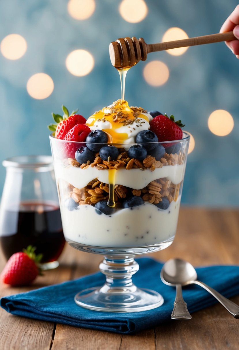 A glass parfait dish filled with layers of Greek yogurt, granola, and fresh berries, topped with a drizzle of honey and a sprinkle of chia seeds