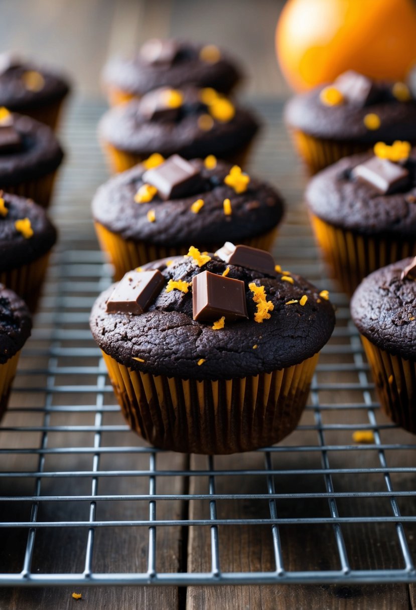 A batch of Chocolate Orange Muffins cooling on a wire rack. Rich, dark muffins studded with chunks of chocolate and flecks of orange zest