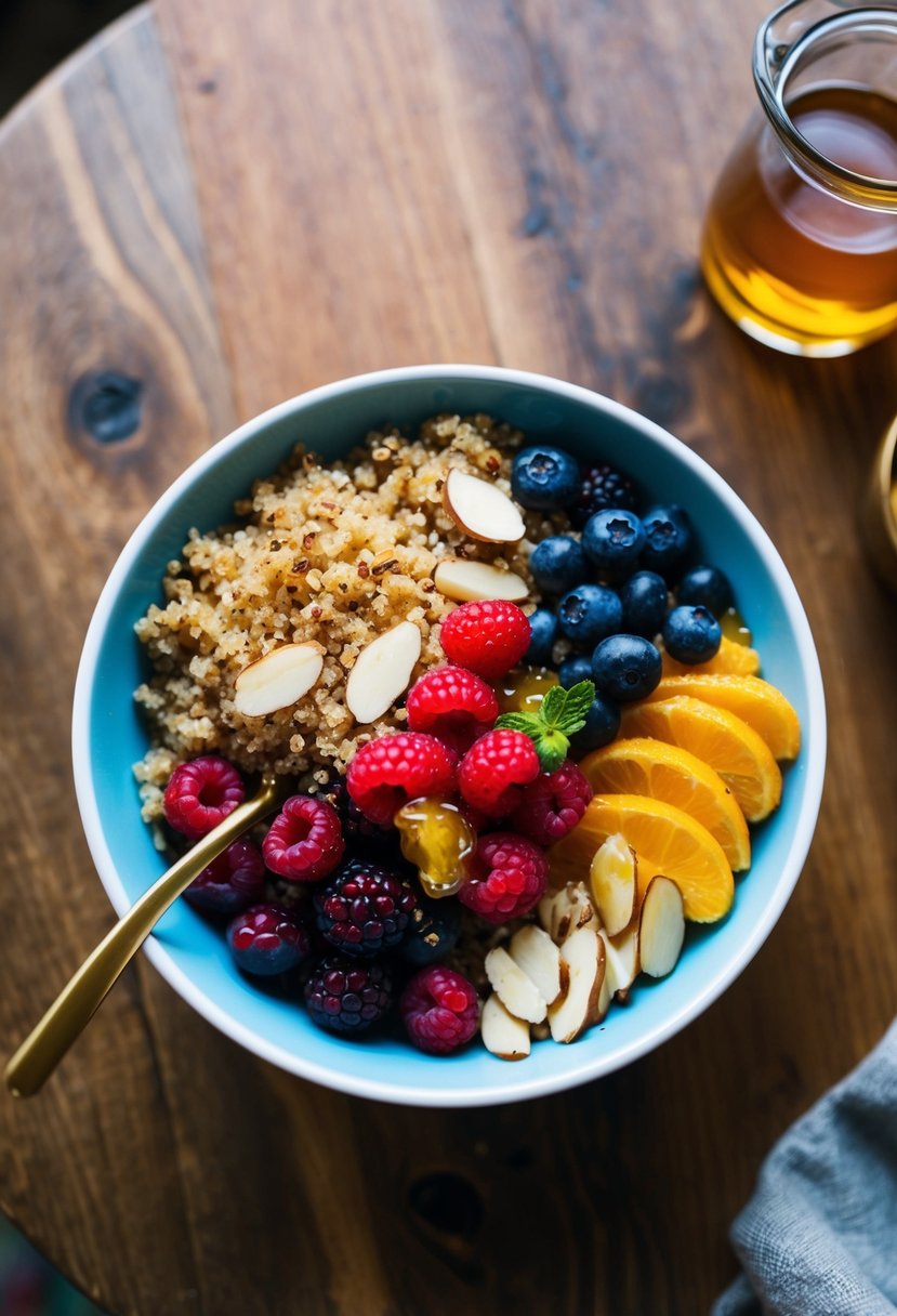 A colorful bowl filled with cooked quinoa, fresh berries, sliced almonds, and a drizzle of honey, sitting on a wooden table