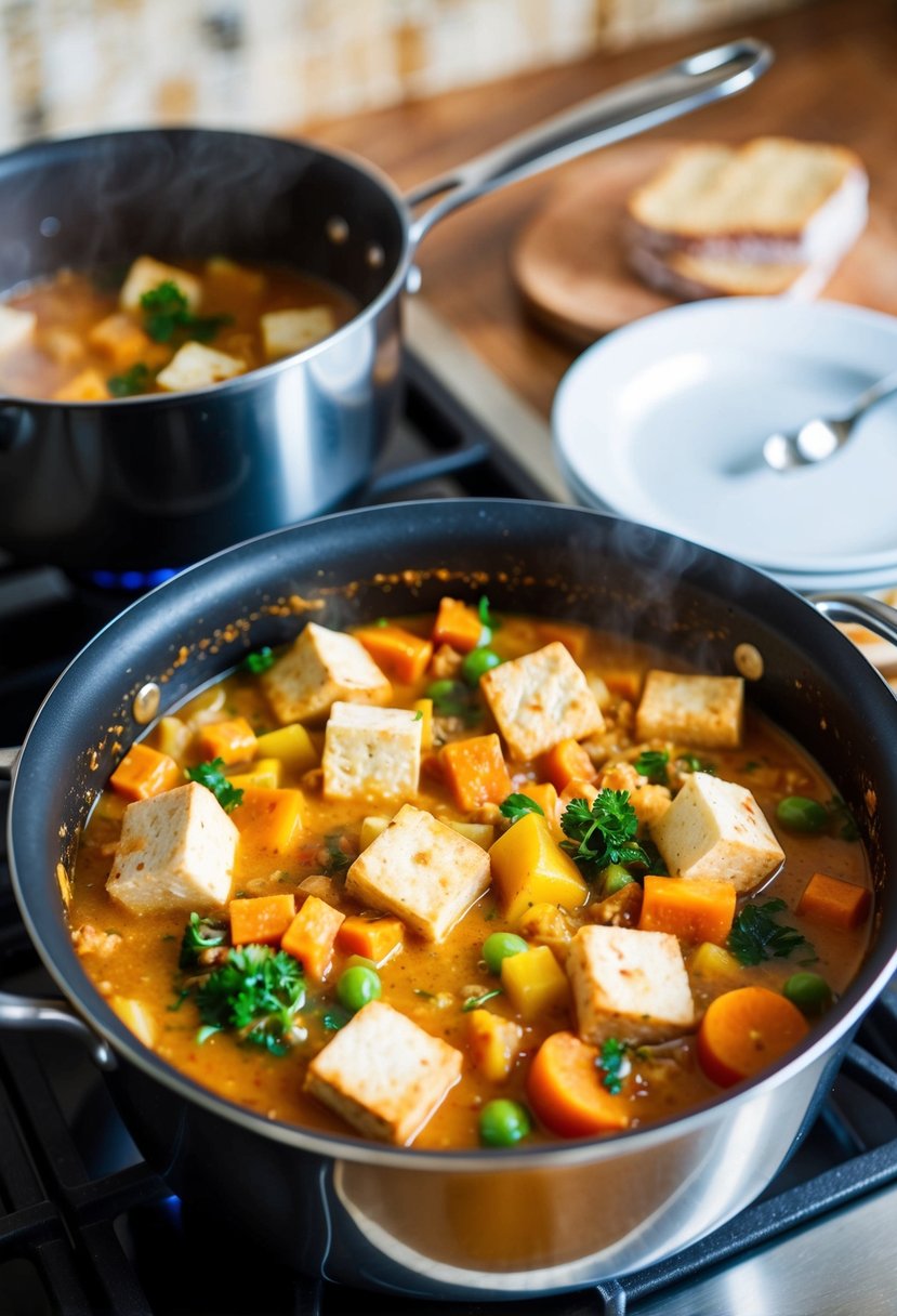 A bubbling pot of Caribbean Coconut Rum Tofu Stew, filled with chunks of tofu, colorful vegetables, and fragrant spices, simmering on a stove