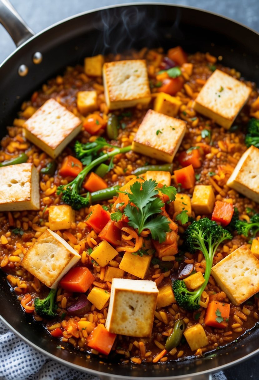 A sizzling skillet of Spanish Smoky Tofu Paella bubbling with savory tofu, vibrant vegetables, and fragrant spices