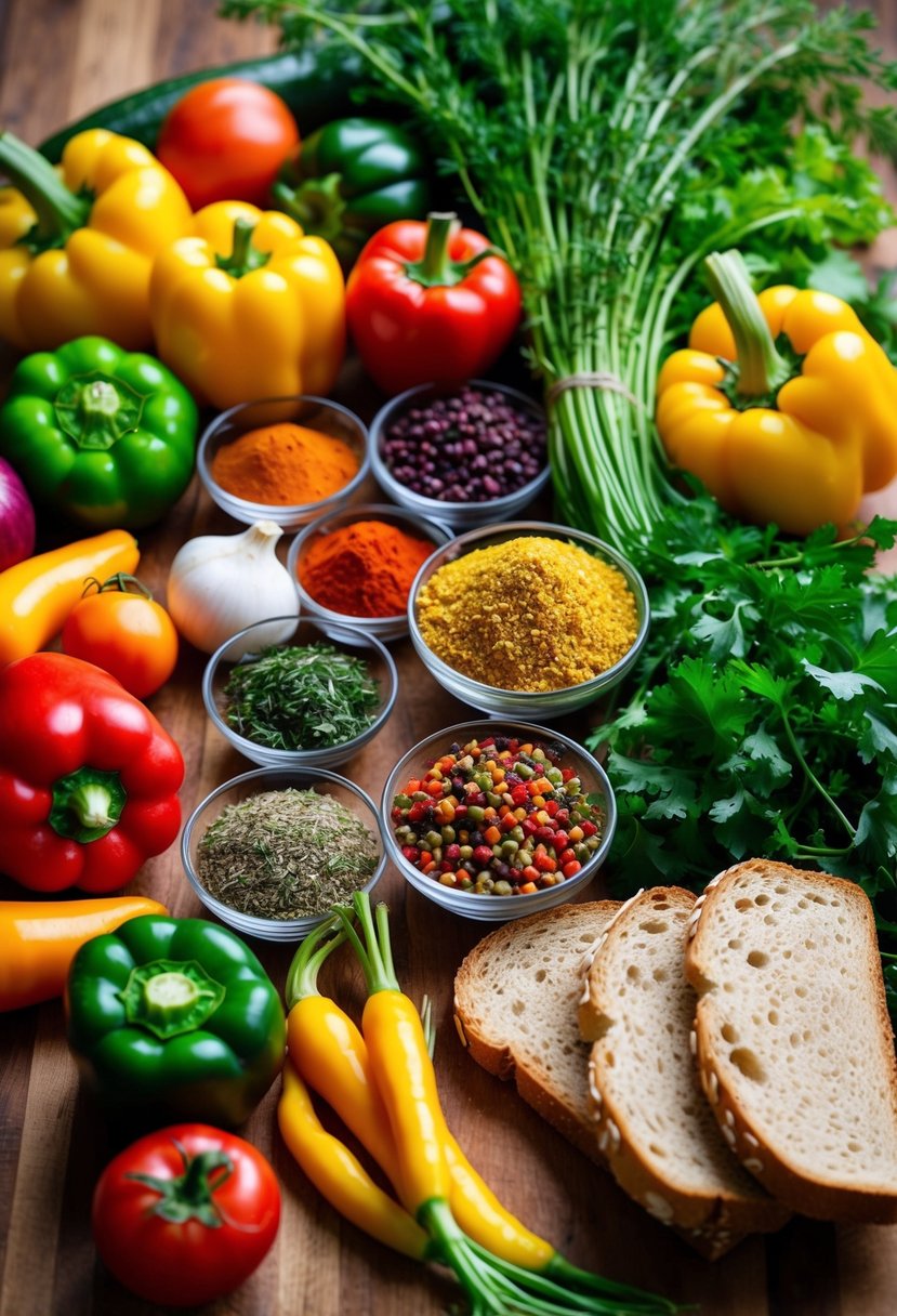 A colorful array of fresh vegetables, vibrant spices, and fragrant herbs arranged on a wooden cutting board beside slices of whole grain bread