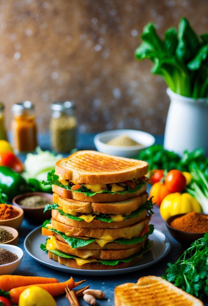 A colorful array of fresh vegetables and aromatic spices arranged around a stack of golden, crispy grilled sandwiches