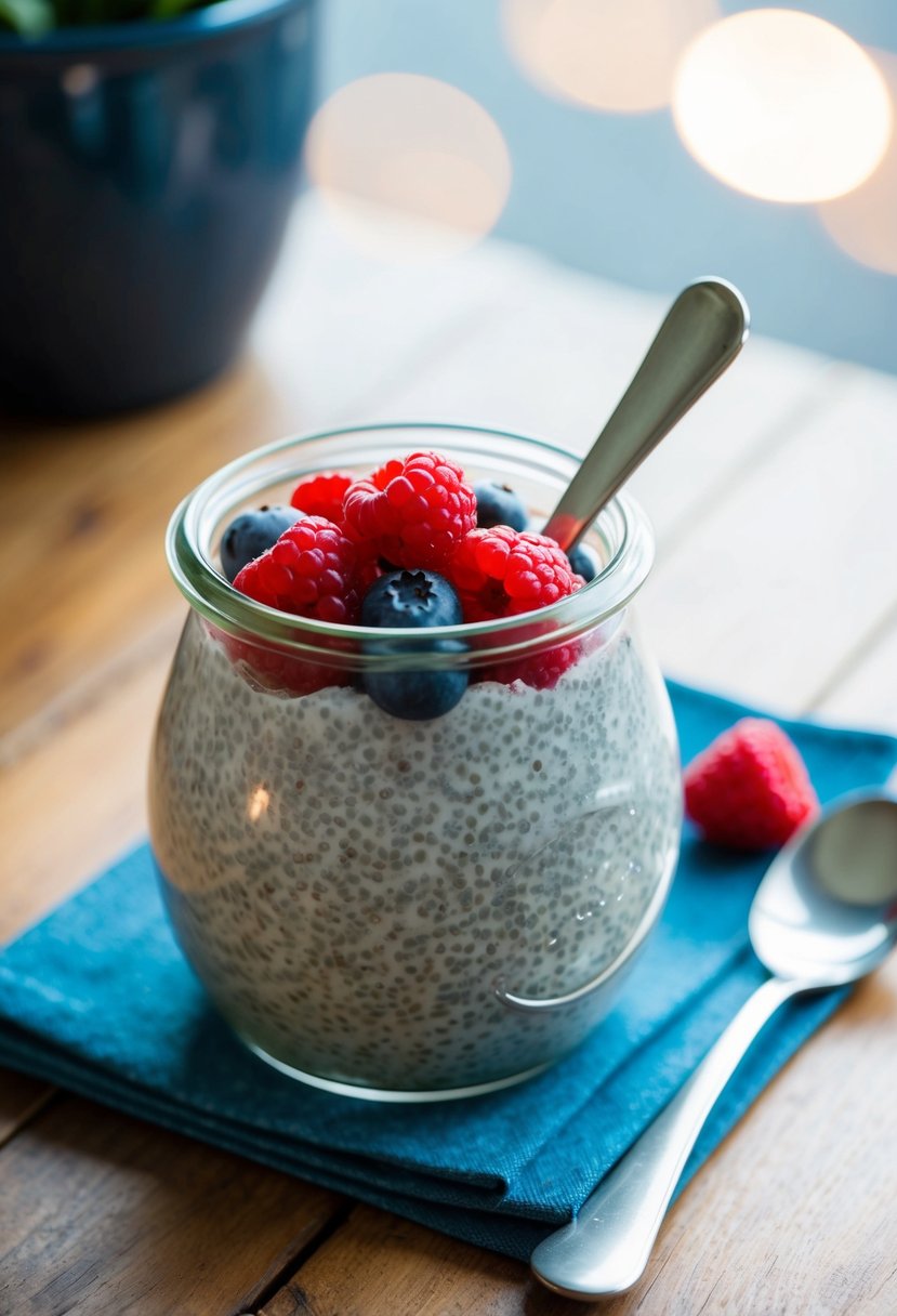 A glass jar filled with chia seed pudding topped with fresh berries on a wooden table