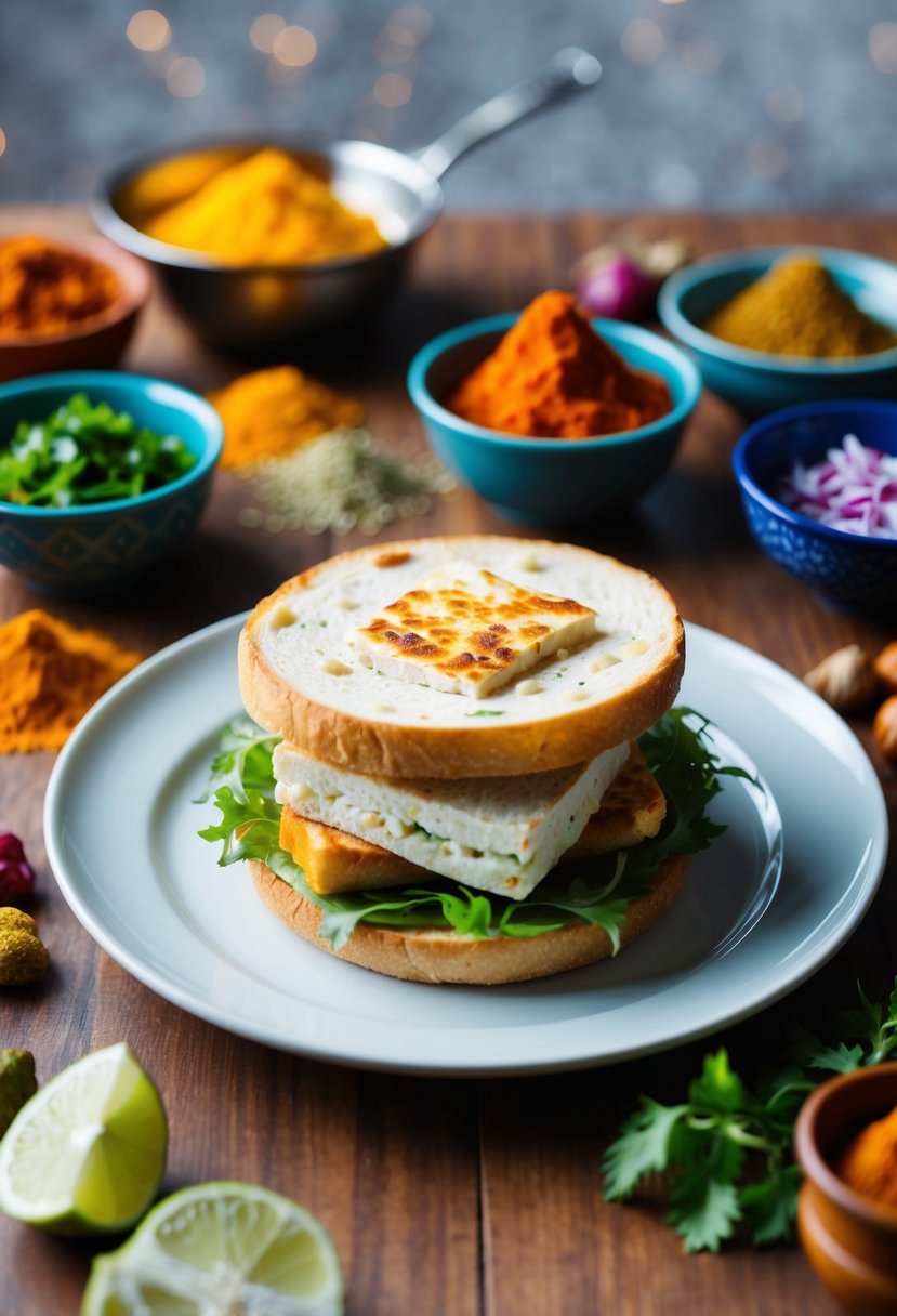 A table with a plate holding a paneer sandwich, surrounded by colorful Indian spices and ingredients