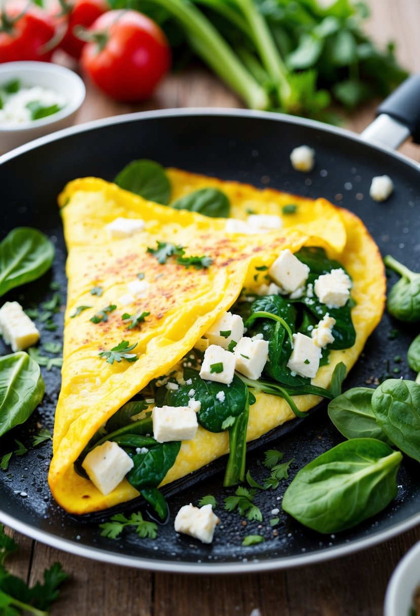 A sizzling omelet filled with vibrant green spinach and creamy feta cheese, surrounded by fresh vegetables and a sprinkle of herbs