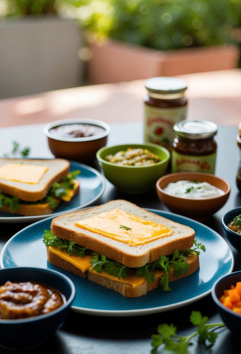 A table set with ingredients for chutney cheese toast veg sandwich