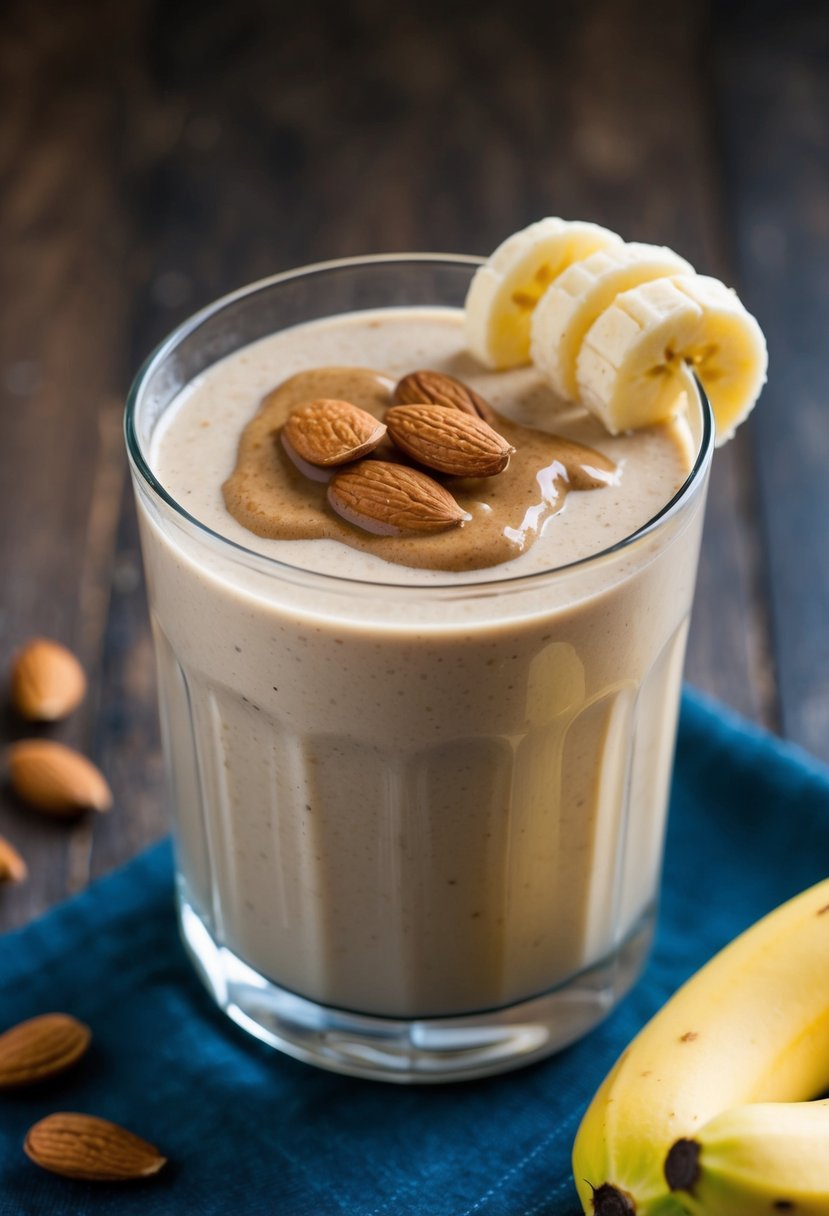 A glass filled with a creamy almond butter and banana smoothie, topped with sliced almonds and a banana slice for garnish