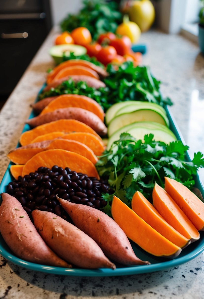 A colorful array of sweet potatoes, black beans, and fresh vegetables arranged on a kitchen counter, ready to be used in making healthy breakfast burritos