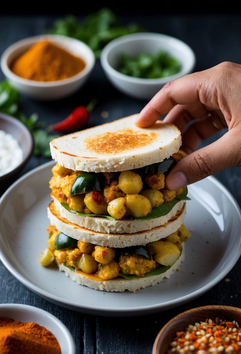 Aloo masala sandwich being prepared with various Indian spices and ingredients