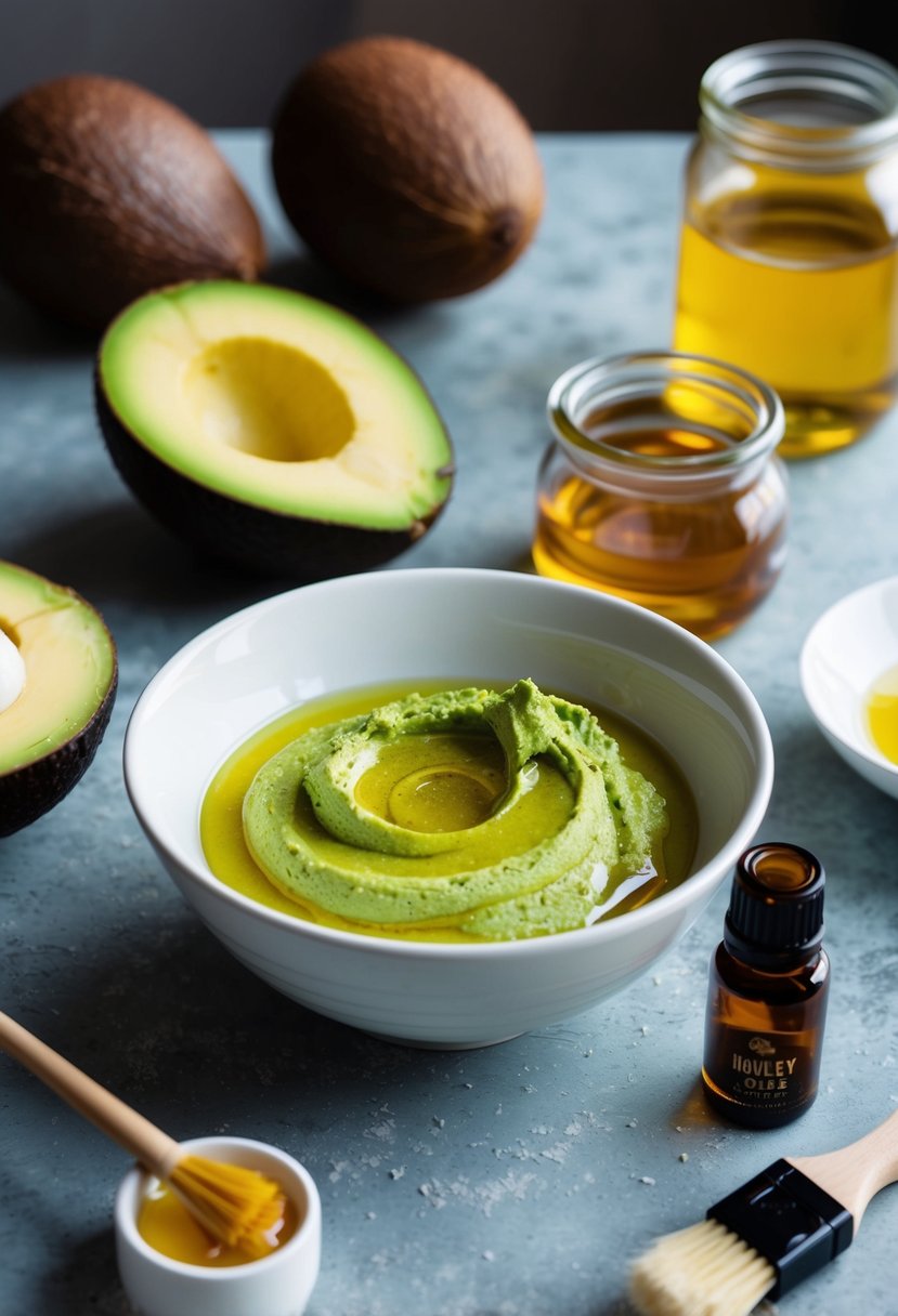 A table covered in ingredients like avocado, coconut oil, and honey. A mixing bowl filled with a green paste. A jar of essential oils and a brush nearby