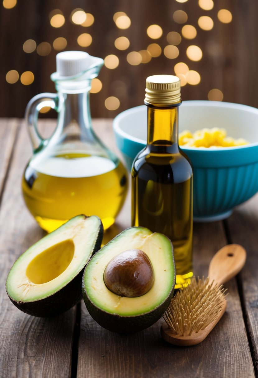 A ripe avocado and a bottle of olive oil sit next to a mixing bowl and a hairbrush on a wooden table