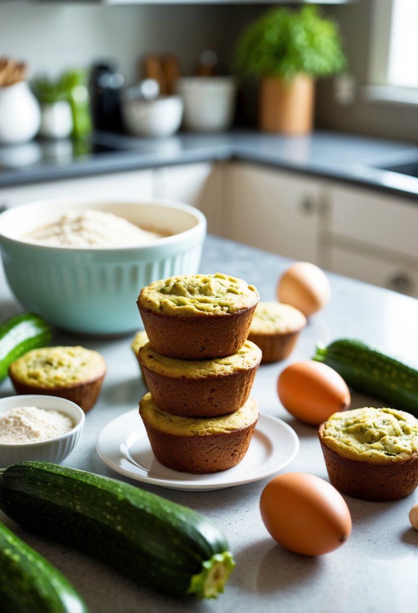 A kitchen counter with freshly baked zucchini bread muffins, surrounded by ingredients like zucchinis, flour, and eggs