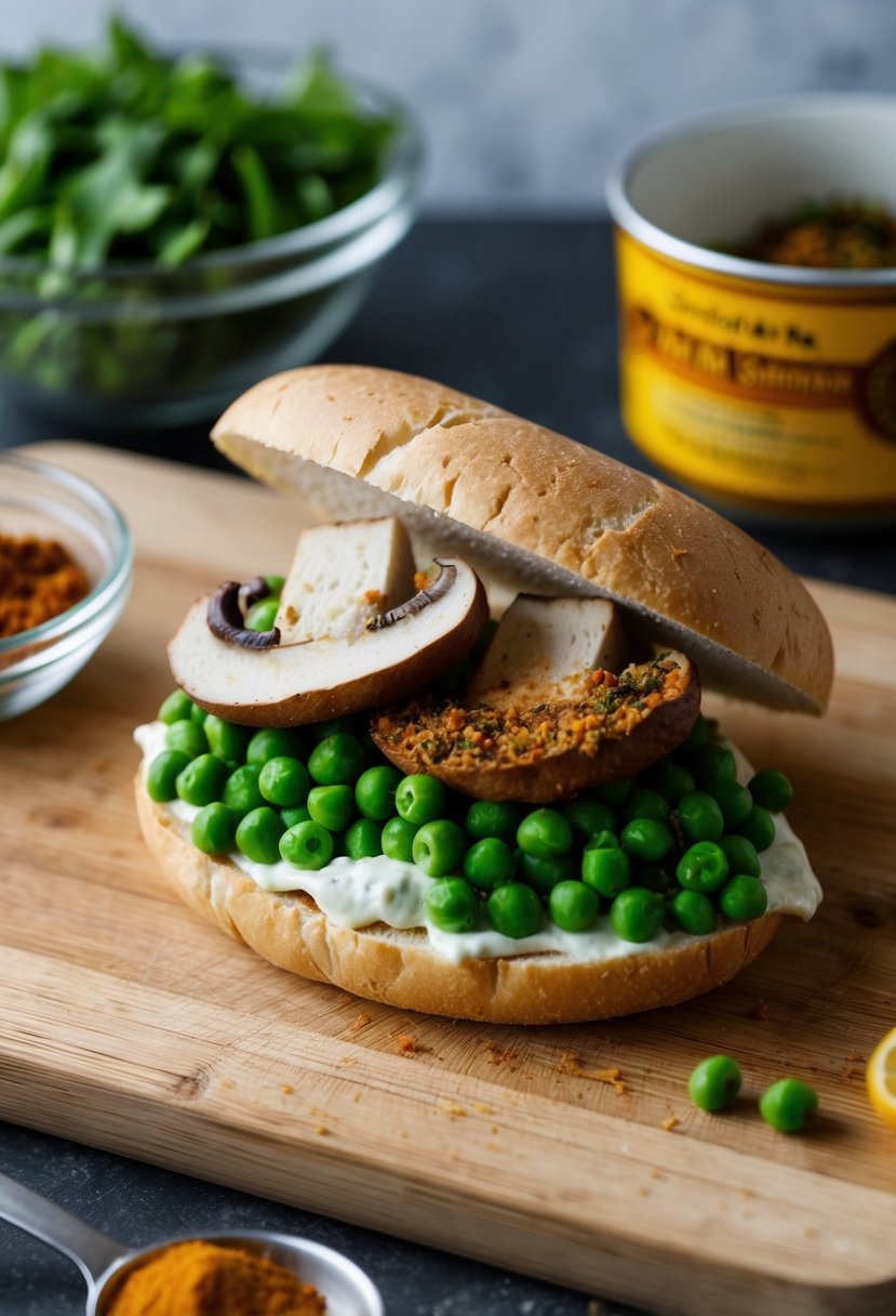 A mushroom and peas sandwich being prepared with Indian spices and ingredients on a cutting board