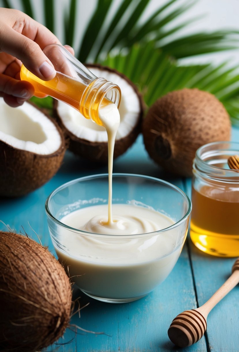 A coconut milk and honey hair mask being mixed in a glass bowl, surrounded by fresh coconuts and a jar of honey