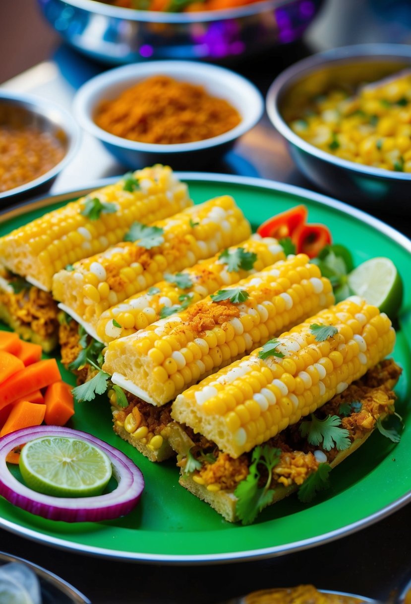 A colorful Indian street food stall serves up a corn chaat sandwich, with vibrant spices and fresh vegetables