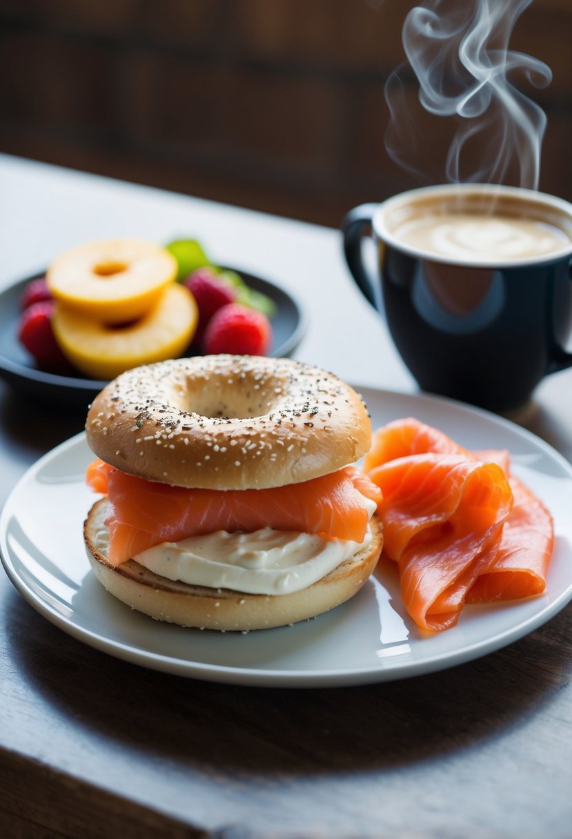 A toasted bagel topped with cream cheese and smoked salmon, accompanied by a side of fresh fruit and a steaming cup of coffee