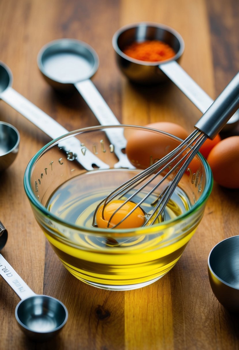 A small glass bowl filled with egg yolk and castor oil, surrounded by various measuring spoons and a whisk on a wooden kitchen counter