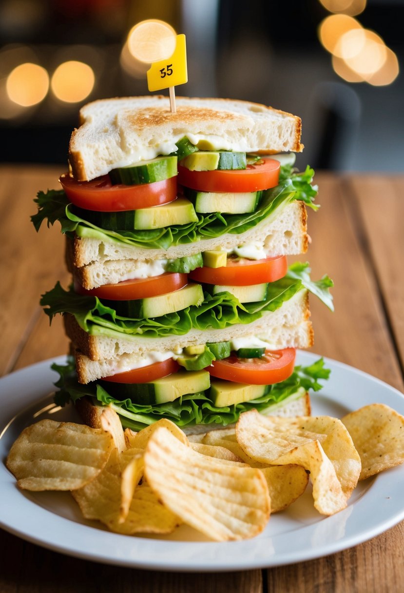 A colorful, stacked vegetable club sandwich with layers of lettuce, tomato, cucumber, and avocado, served with a side of crispy potato chips