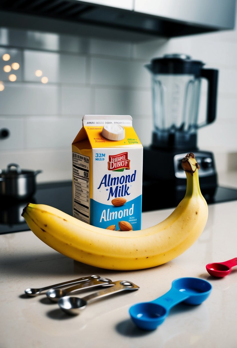 A ripe banana and a carton of almond milk sit on a clean kitchen counter, surrounded by scattered measuring spoons and a blender