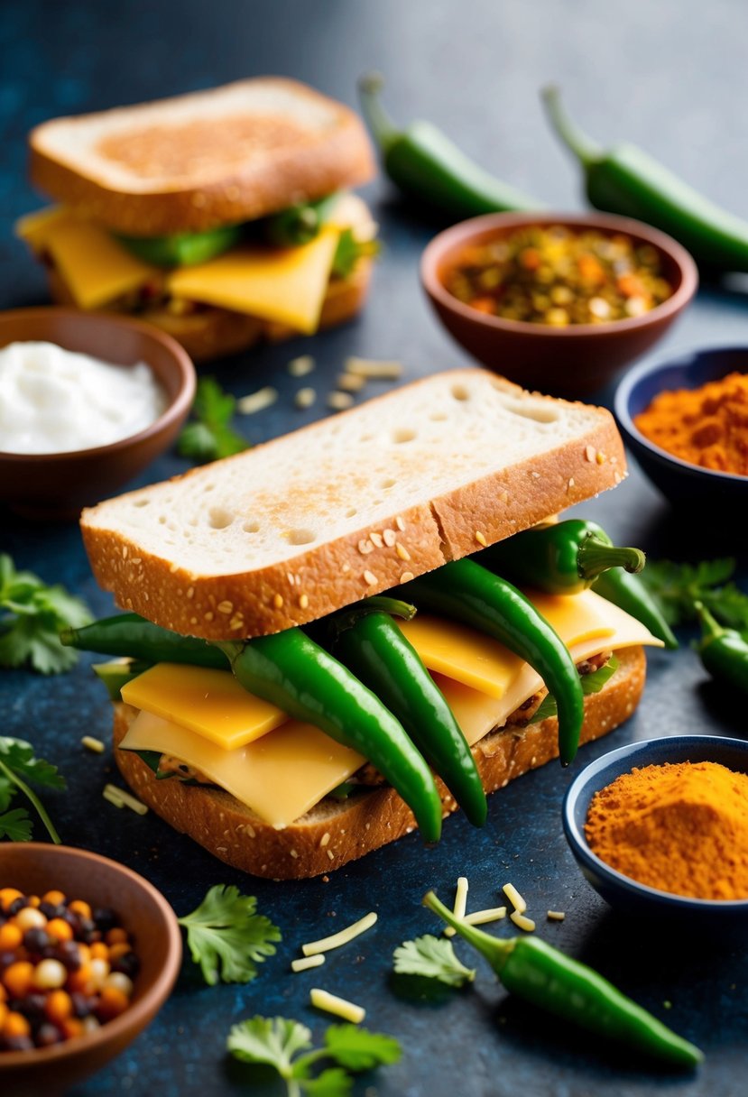 A sandwich filled with cheese and green chilies, surrounded by colorful Indian spices and ingredients