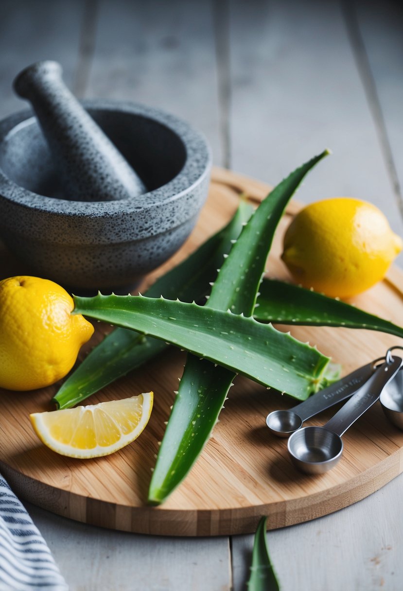 Aloe vera leaves and lemons on a wooden cutting board, surrounded by a mortar and pestle, mixing bowl, and measuring spoons