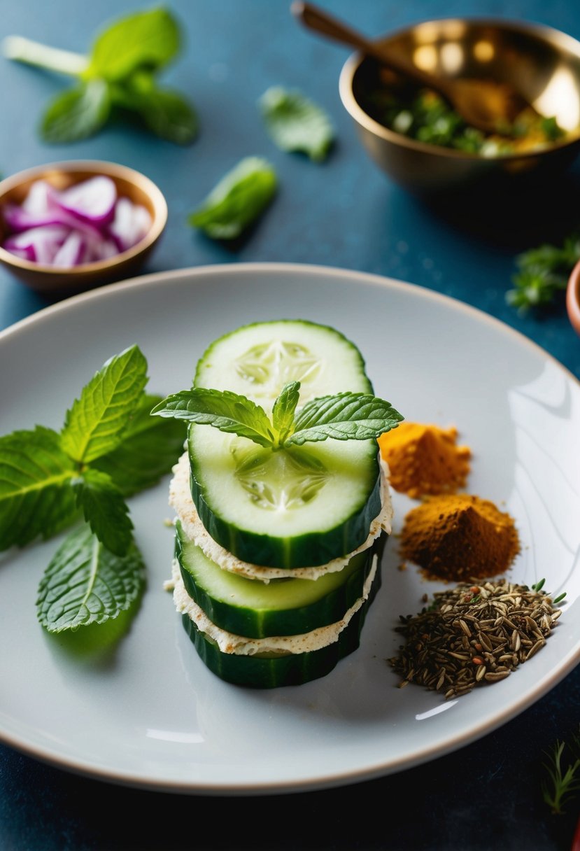 A fresh mint cucumber sandwich on a plate with a side of Indian spices and herbs