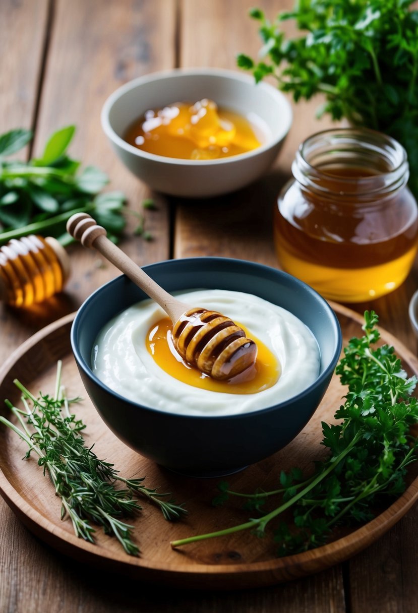 A bowl of yogurt and honey sits on a wooden table, surrounded by fresh herbs and a jar of honey